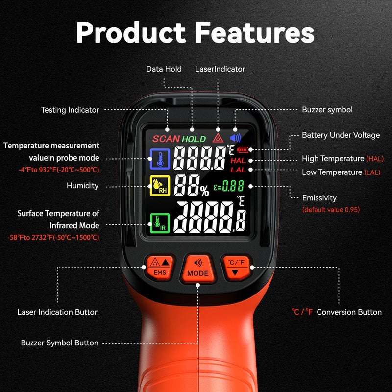 SURPEER -58°F to 2732°F Infrared Thermometer IR Laser Gun 50:1, Digital Temperature Gun/K-Type Probe -4°F~932°F, Humidity Sensor, High-Temp Pyrometer for Kiln, Forge, Furnace, Industrial Use - Image 3